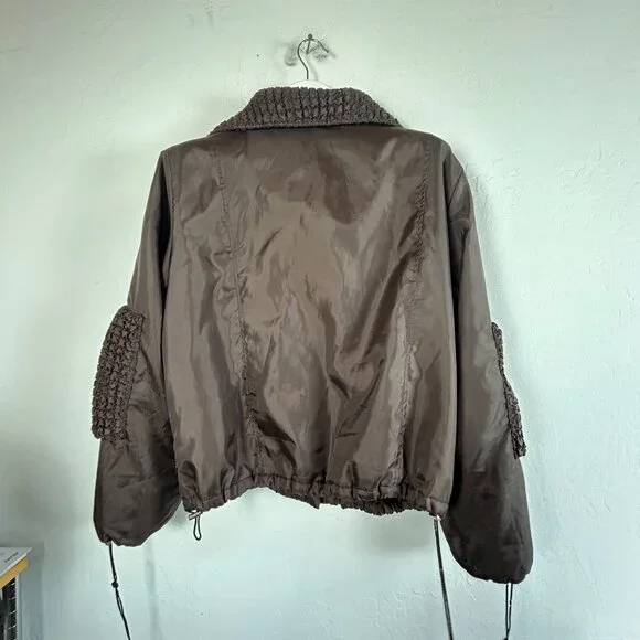 UBU Womens Brown Crinkle Jacket Textured Shawl Collar Drawstring Artsy Large - Picture 2 of 11